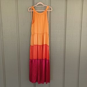 Soft Surroundings Cece Silk Maxi Dress Size L Colorblock Tiered Sleeveless Tie